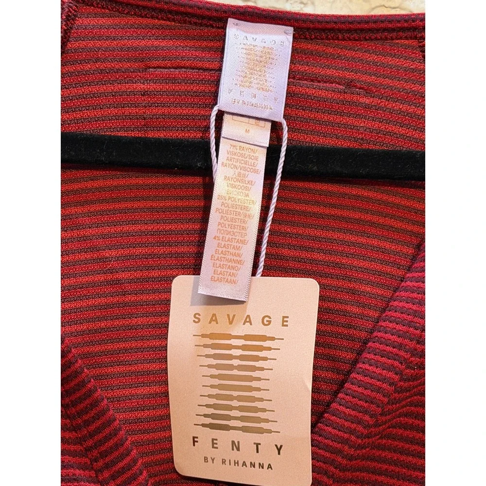 Savage X Fenty Ribbed Long Sleeve Teddy Size M Burgundy Stripe Loungewear